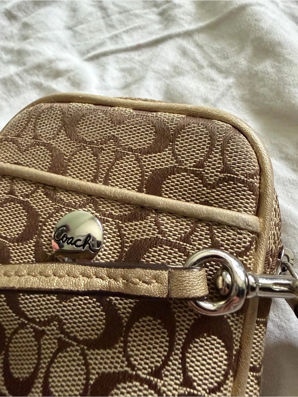 Coach Monogram Canvas Wristlet in Brown and Tan